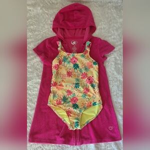 Cat & Jack Yellow Floral 1 Pc Swimsuit And Pink OP Cover Up, Sz 8